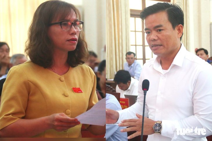 Đại biểu Phan Thị Hà Phước (bên trái) chất vấn Phó giám đốc Sở Tài nguyên và Môi trường tỉnh Phú Yên Nguyễn Thái Hòa (bên phải) liên quan đến vấn đề nhiều doanh nghiệp khai thác khoáng sản ở Phú Yên không vận hành trạm cân, camera giám sát - Ảnh: NGUYỄN HOÀNG