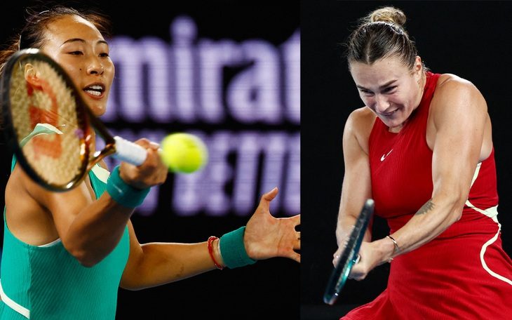 Zheng Qinwen đối đầu Sabalenka (phải) - Ảnh: Reuters
