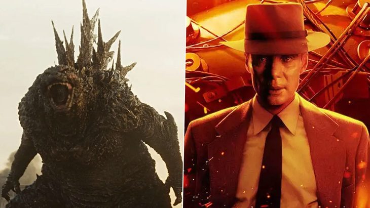 Bóng ma hạt nhân bao trùm cả Oscar lẫn 'Oscar Nhật Bản'- Ảnh 1. Godzilla -1.0 (trái) và Oppenheimer, hai bộ phim độc bá tại hai giải thưởng lớn của điện ảnh Mỹ và Nhật năm nay đều nói về bom hạt nhân - Ảnh: TOHO/ Universal Pictures